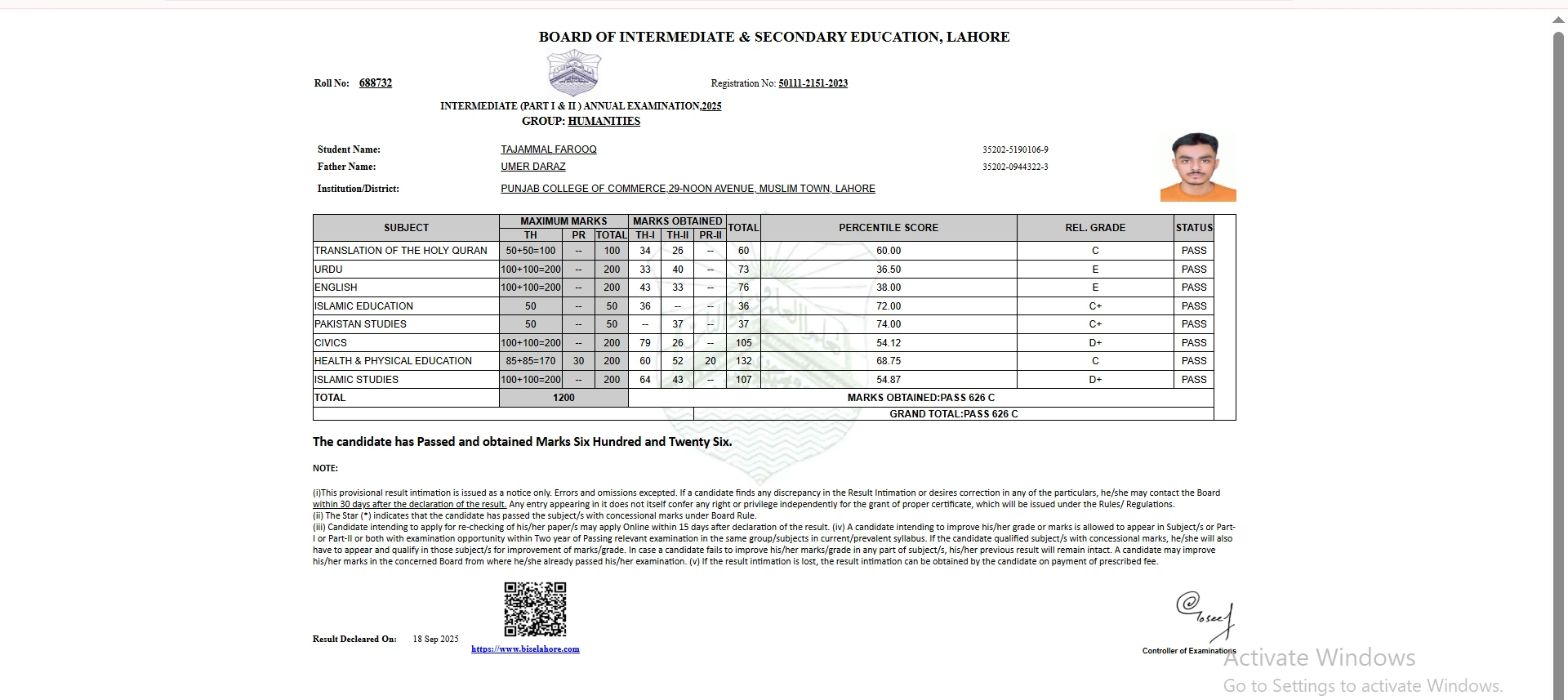 BISE Lahore Result Details